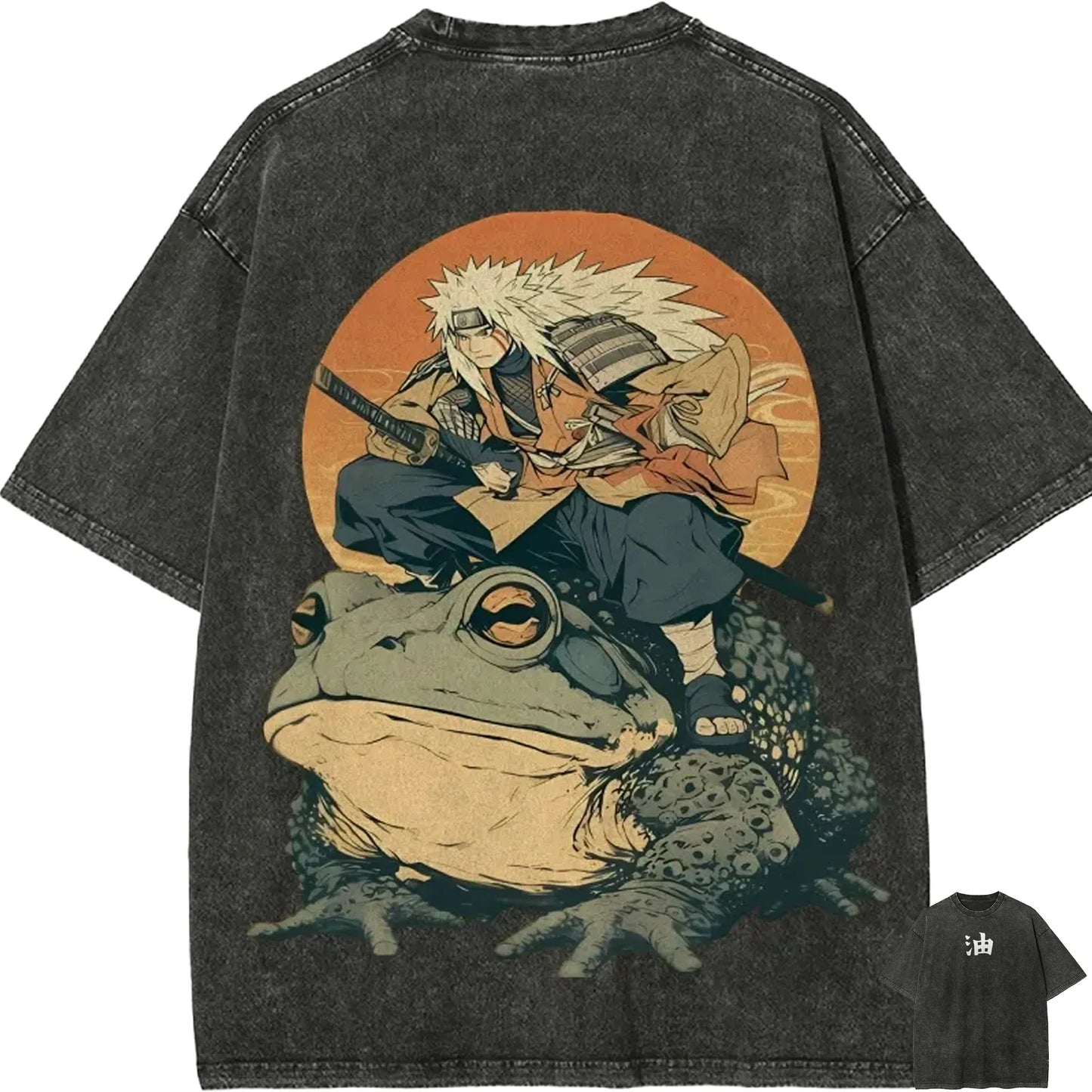 Naruto Jiraiya T Shirt Gamabunta Ukiyo-e Vintage Acid Wash Streetwear Oversized Retro Anime Graphic Men Tees Clothing