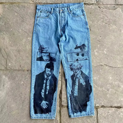 New Trend Printed Demon Slayer One Piece Jujutsu Kaisen Anime Characters Teen Loose Casual Jeans Japanese Retro Straight Jeans