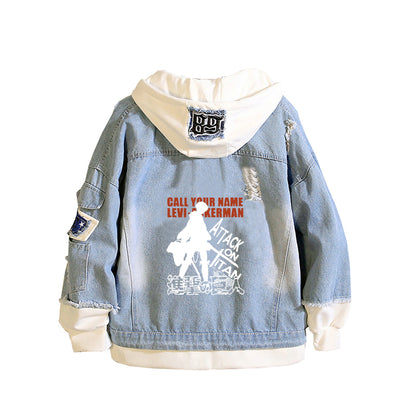 Anime Attack on Titan Unisex Streetwear Long Hooded Jeans Jacket Guilty Crown Death Note Harajuku Denim Patchwork Hoodies Coat