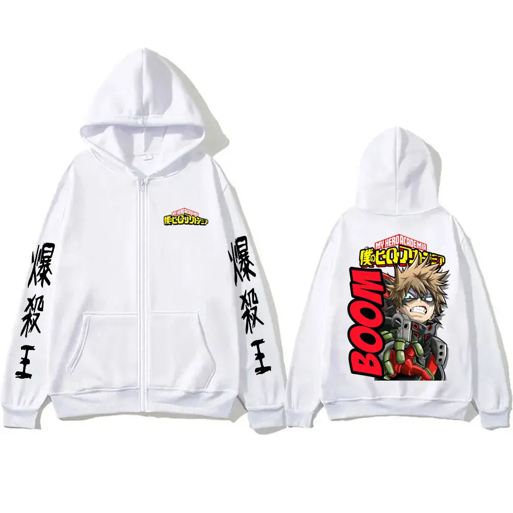 Anime My Hero Academia Merch Zipper Hoodie Cartoon Bakugou Katsuki Zip Up Jacket Men Manga Casual Oversized Zip Up Sweatshirt