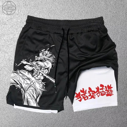 Demon Slayer Print Men's Shorts Summer Women's Double Layer Shorts Gym Running Sports 2-in-1 Pant Breathable Quick-Drying Shorts