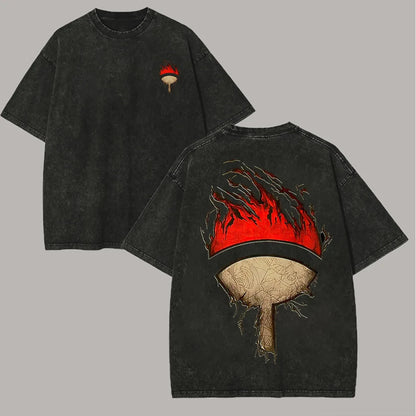 Uchiha Clan T Shirt Naruto Men Acid Wash Back Print Crest Fire Anime Graphic Cotton Streetwear Manga Itachi Sasuke Vintage Tee