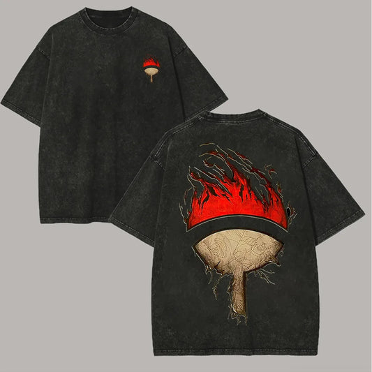 Uchiha Clan T Shirt Naruto Men Acid Wash Back Print Crest Fire Anime Graphic Cotton Streetwear Manga Itachi Sasuke Vintage Tee
