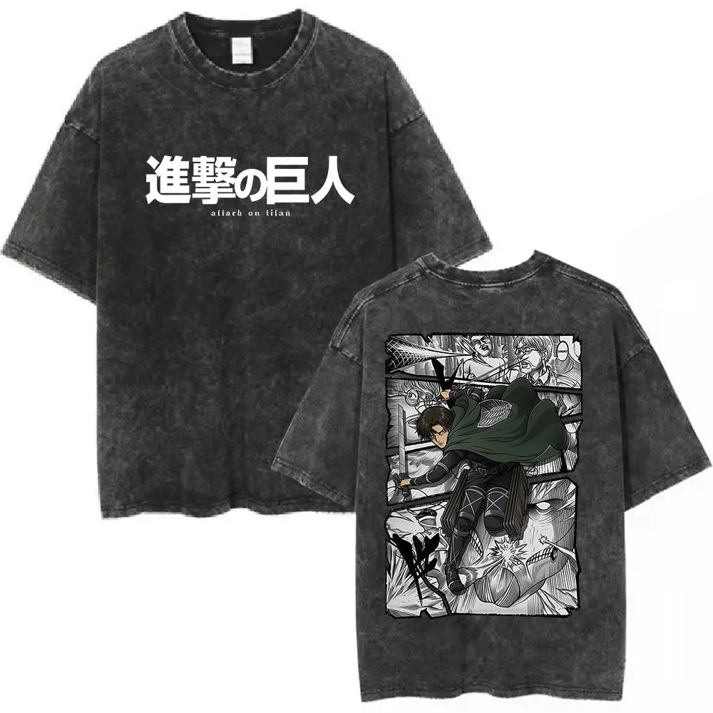 Vintage Washed Anime Attack on Titan Eren Jaeger T-shirt Men Women Fashion Short Sleeve T Shirts Cotton T-shirt Tops 2026 Summer