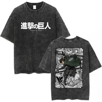 Vintage Washed Anime Attack on Titan Eren Jaeger T-shirt Men Women Fashion Short Sleeve T Shirts Cotton T-shirt Tops 2026 Summer
