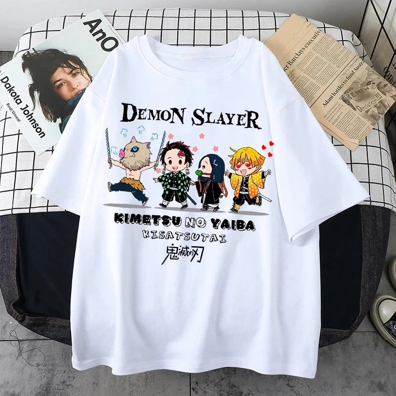 Plus Size Demon Slayer Summer Anime Printed Men, Women T-shirt Casual Parent Child Top Fashion Street Wear Harajuku Style Y2K