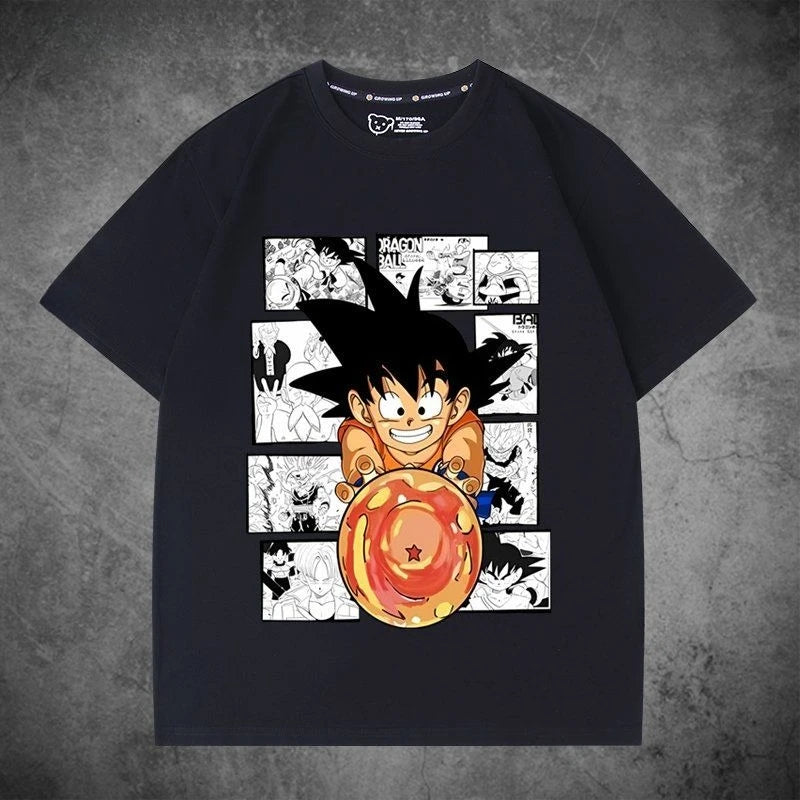 2026 Summer Dragon Ball Oversized T-shirt High Quality  Cotton Goku Manga Panel Print Unisex Retro Casual Tee for Adults Kids