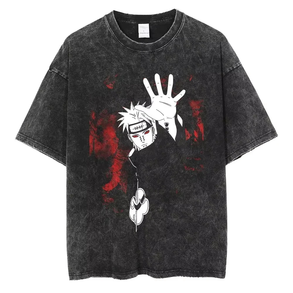 Hip Hop Streetwear Japanese Anime Naruto Print T Shirt Vintage Black T-Shirt Harajuku Cotton Casual Tops Men Short Sleeve Tshirt