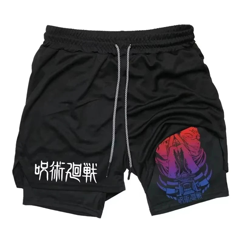 Sukuna Men's Double Layer 2-in-1 combat fitness pants Sports Shorts Jujutsu Kaisen Japanese Anime pocket Quick-Drying sweatpants