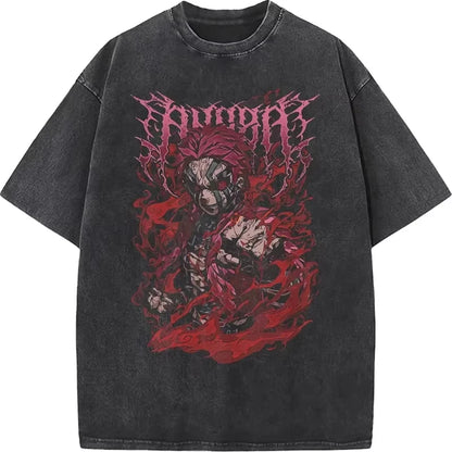 Japanese Anime Demon Slayer Akaza Graphic Washed T-shirts Women’s Men's Clothing  Harajuku Y2K Oversized Cotton Half-sleeve Tops