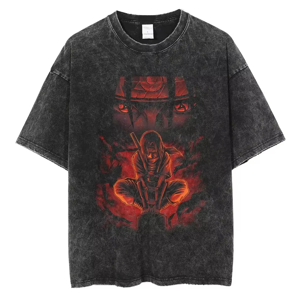 Hip Hop Streetwear Japanese Anime Naruto Print T Shirt Vintage Black T-Shirt Harajuku Cotton Casual Tops Men Short Sleeve Tshirt