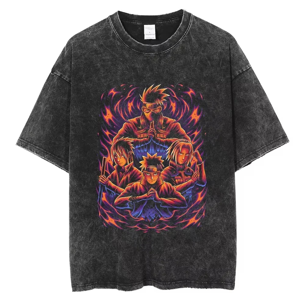 Hip Hop Streetwear Japanese Anime Naruto Print T Shirt Vintage Black T-Shirt Harajuku Cotton Casual Tops Men Short Sleeve Tshirt