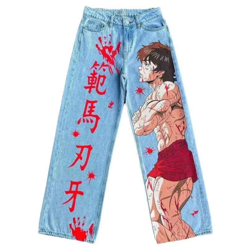 New Trend Printed Demon Slayer One Piece Jujutsu Kaisen Anime Characters Teen Loose Casual Jeans Japanese Retro Straight Jeans