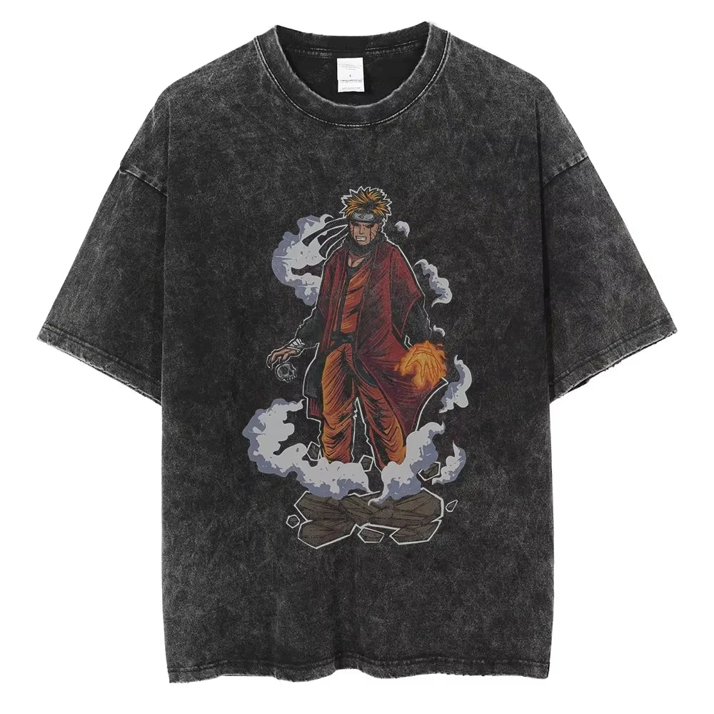 Hip Hop Streetwear Japanese Anime Naruto Print T Shirt Vintage Black T-Shirt Harajuku Cotton Casual Tops Men Short Sleeve Tshirt