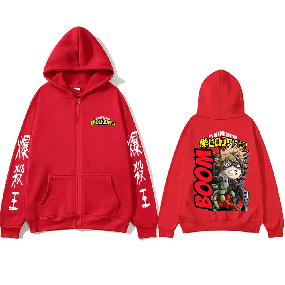 Anime My Hero Academia Merch Zipper Hoodie Cartoon Bakugou Katsuki Zip Up Jacket Men Manga Casual Oversized Zip Up Sweatshirt