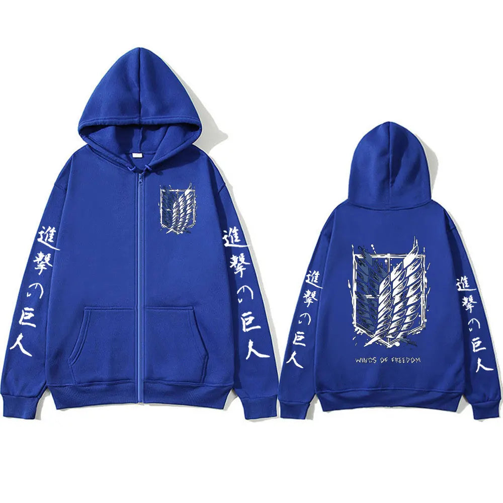 Anime Attack on Titan Zipper Hoodies Mikasa Ackerman Eren Jaeger Wings of Freedom Logo Zip Up Sweatshirts Pullovers Jacket Caots