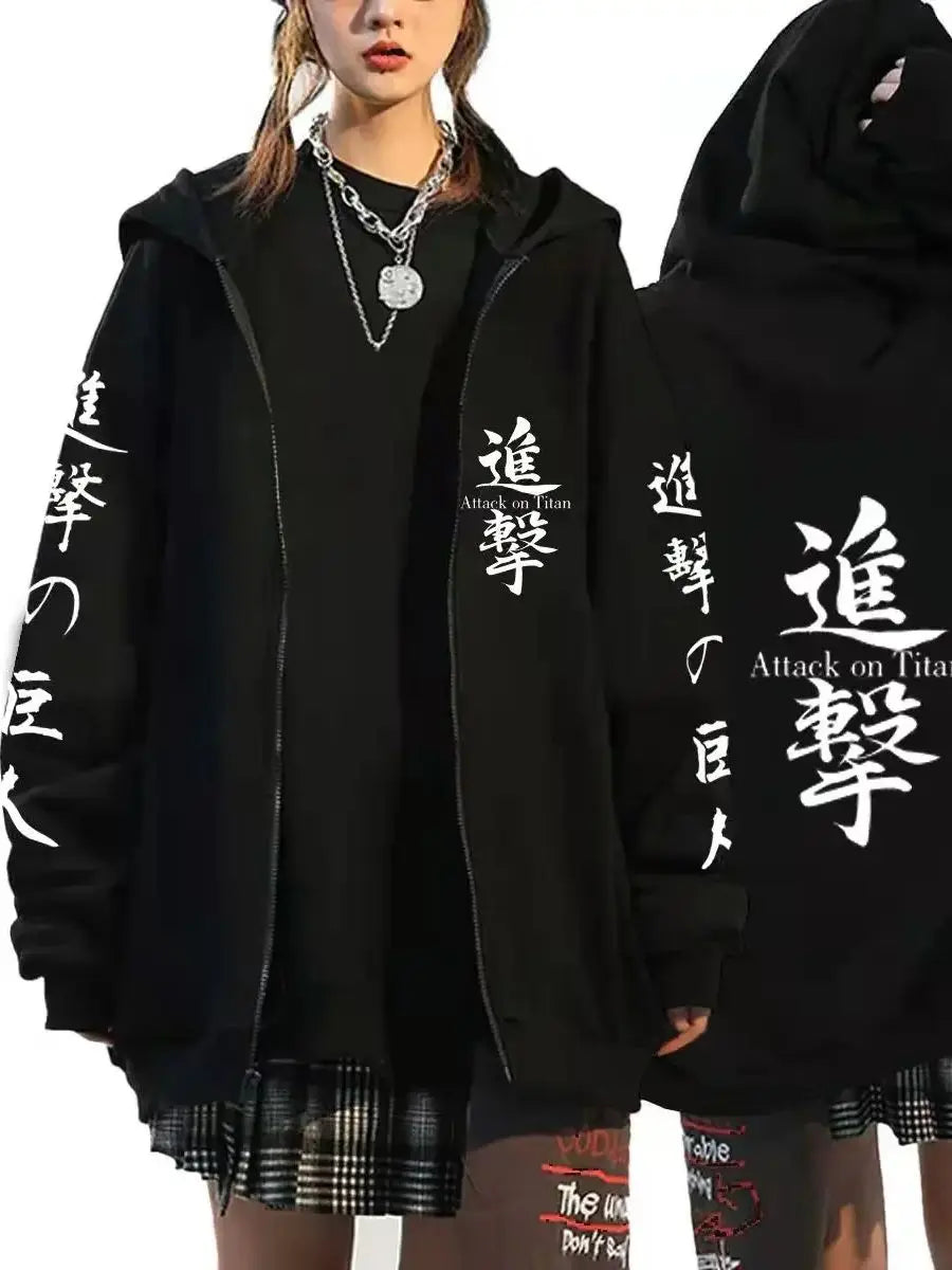 Attack on Titan Trendy Pattern Printed Zipper Hoodie Fashionable Casual Men's and Women's Fleece Versatile Punk Style Hoodie