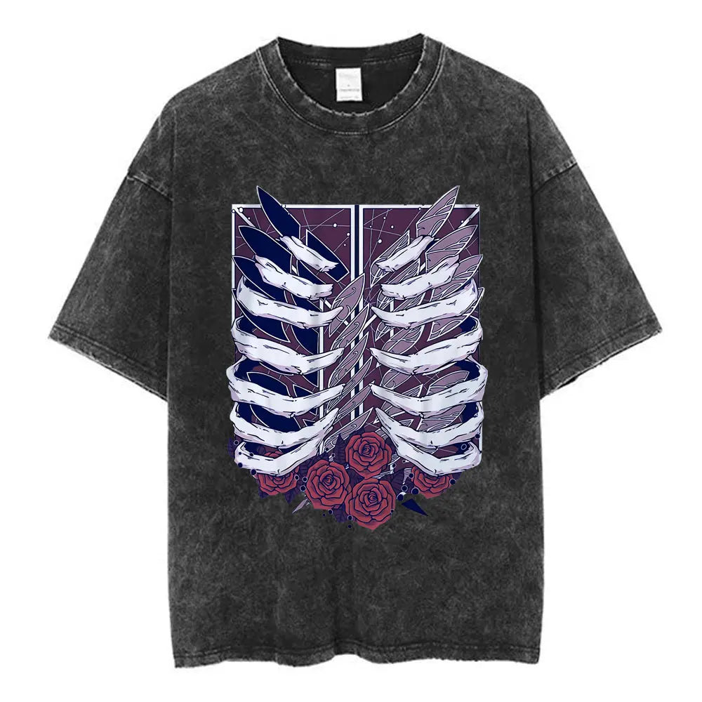 Vintage Washed Anime Attack on Titan Eren Jaeger T-shirt Men Women Fashion Short Sleeve T Shirts Cotton T-shirt Tops 2026 Summer