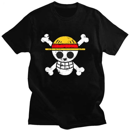 One Piece Straw Hat Jolly Roger T-Shirt, Anime Skull Logo Casual Black Streetwear Tee Summer Men's and Women's Printed T-Shirts